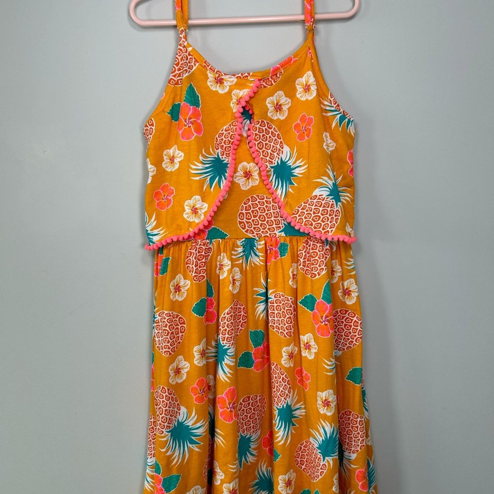 Girl Sleeveless Pineapple, Flower Patterned Orange Dress Size 9-10 Years